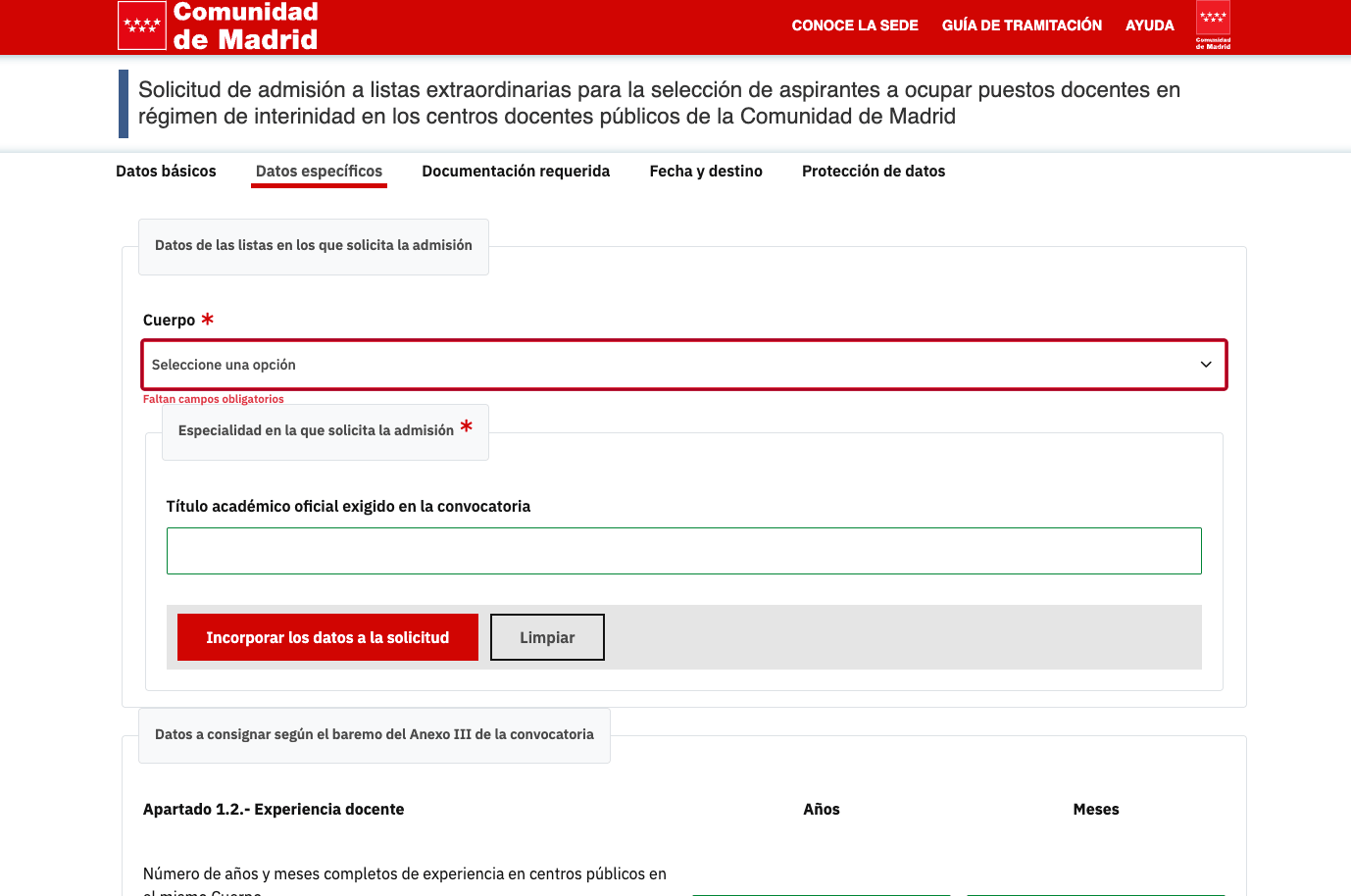 Datos específicos inscripción en bolsas docentes de Madrid